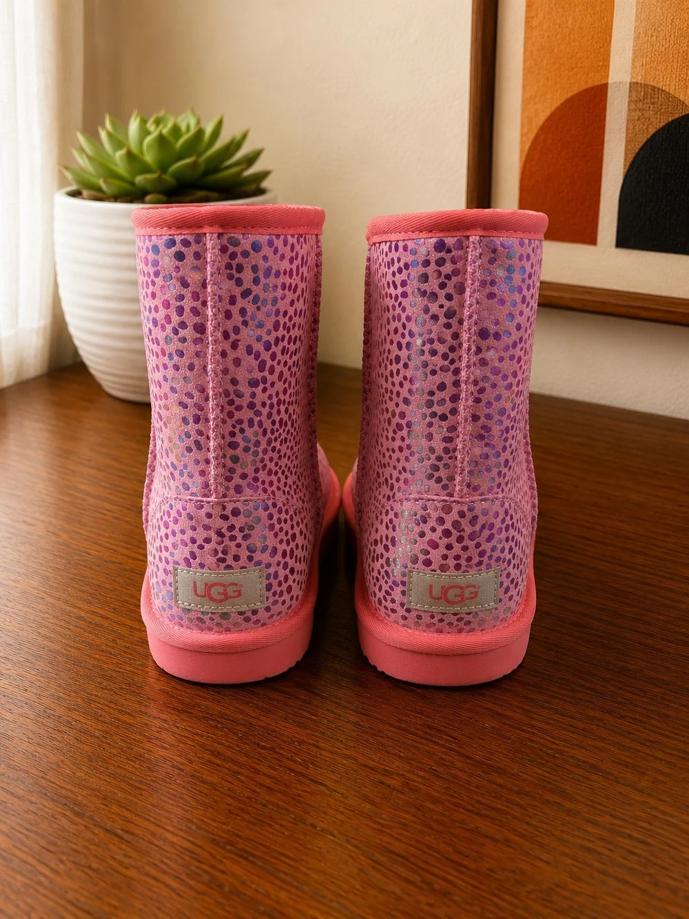 UGG Kids Classic II Spots Boots Pink Leopard Print Size 6